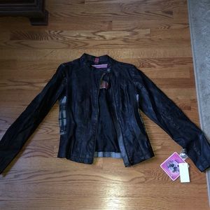 leather jacket with plaid pattern